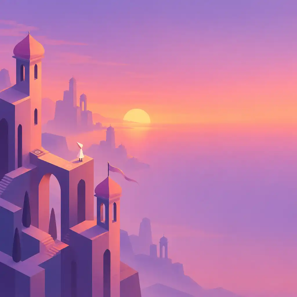 Monument Valley pálya naplementében: meleg narancs és rózsaszín árnyalatok, lágy lila gradiensek