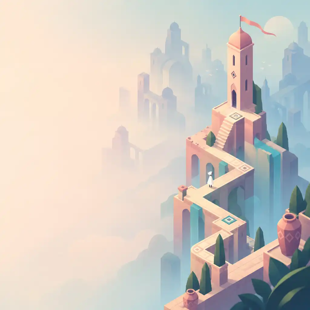 Monument Valley pálya kompozíciója: rétegzett építmények, izometrikus perspektíva, a vonalak a központi torony felé mutatnak
