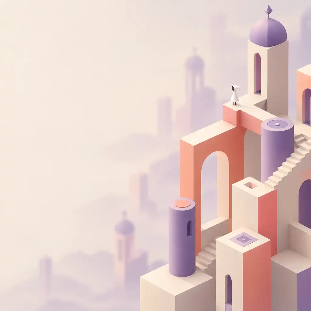 Közelkép a Monument Valley geometriai formáiról: tiszta kockák, hasábok és hengerek precíz élekkel