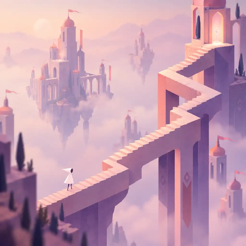 Ida hercegnő egy lehetetlen geometriai lépcsőn sétál a Monument Valley pasztellszínű világában