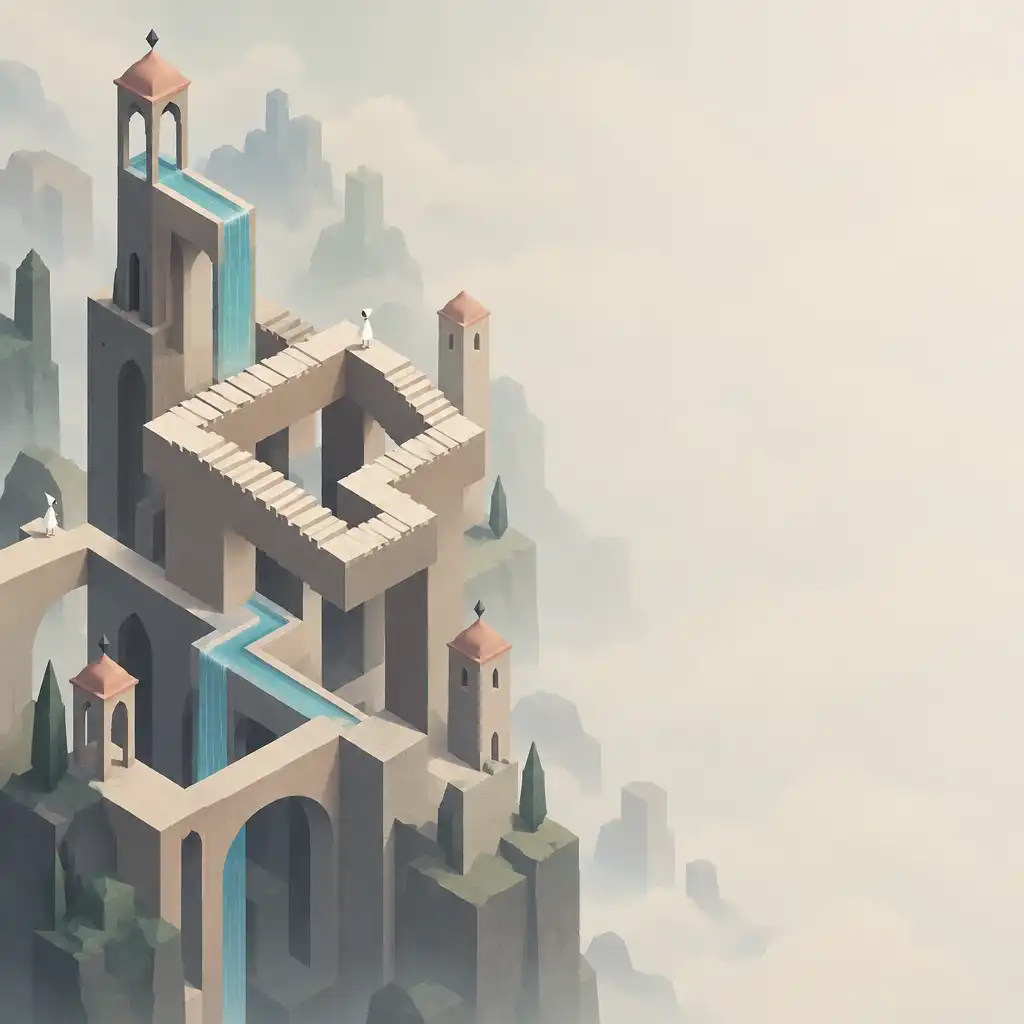 Monument Valley pálya M.C. Escher stílusában: lehetetlen lépcsők, amelyek önmagukba fordulnak, és paradox terek