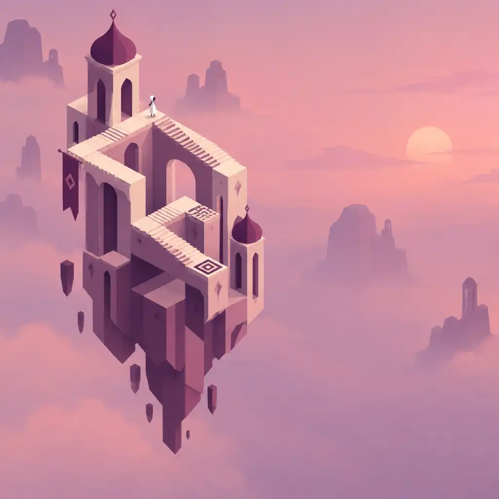 Lebegő templom a Monument Valley egyik szintjén, önmagukba forduló lépcsőkkel, halvány rózsaszín és elefántcsont színekben