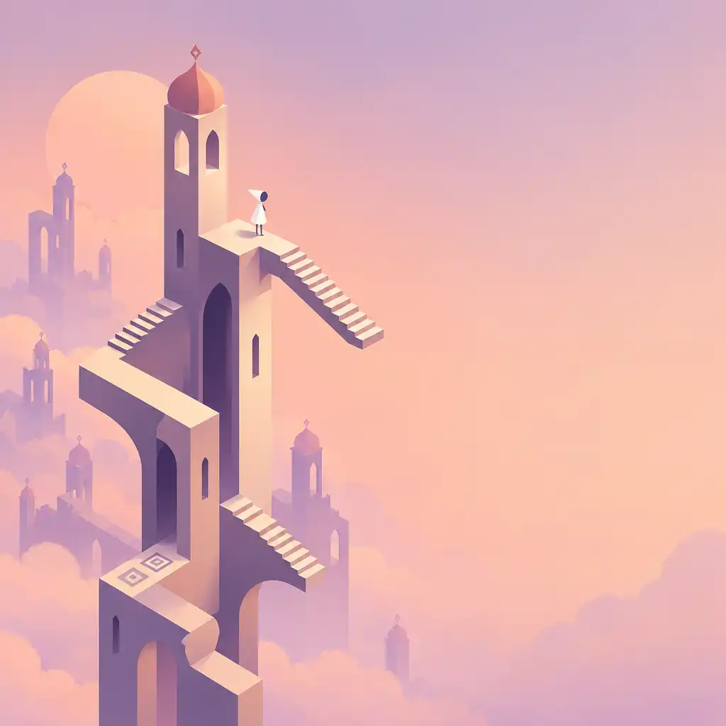 A Monument Valley egyik ikonikus szintje: lehetetlen geometriai torony, amelyből lépcsők nyúlnak ki a semmibe, Ida hercegnővel a középpontban